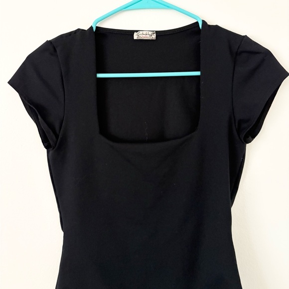 Free People Black Square Eyes Short Sleeve Thong Bodysuit Size Small - Picture 8 of 11